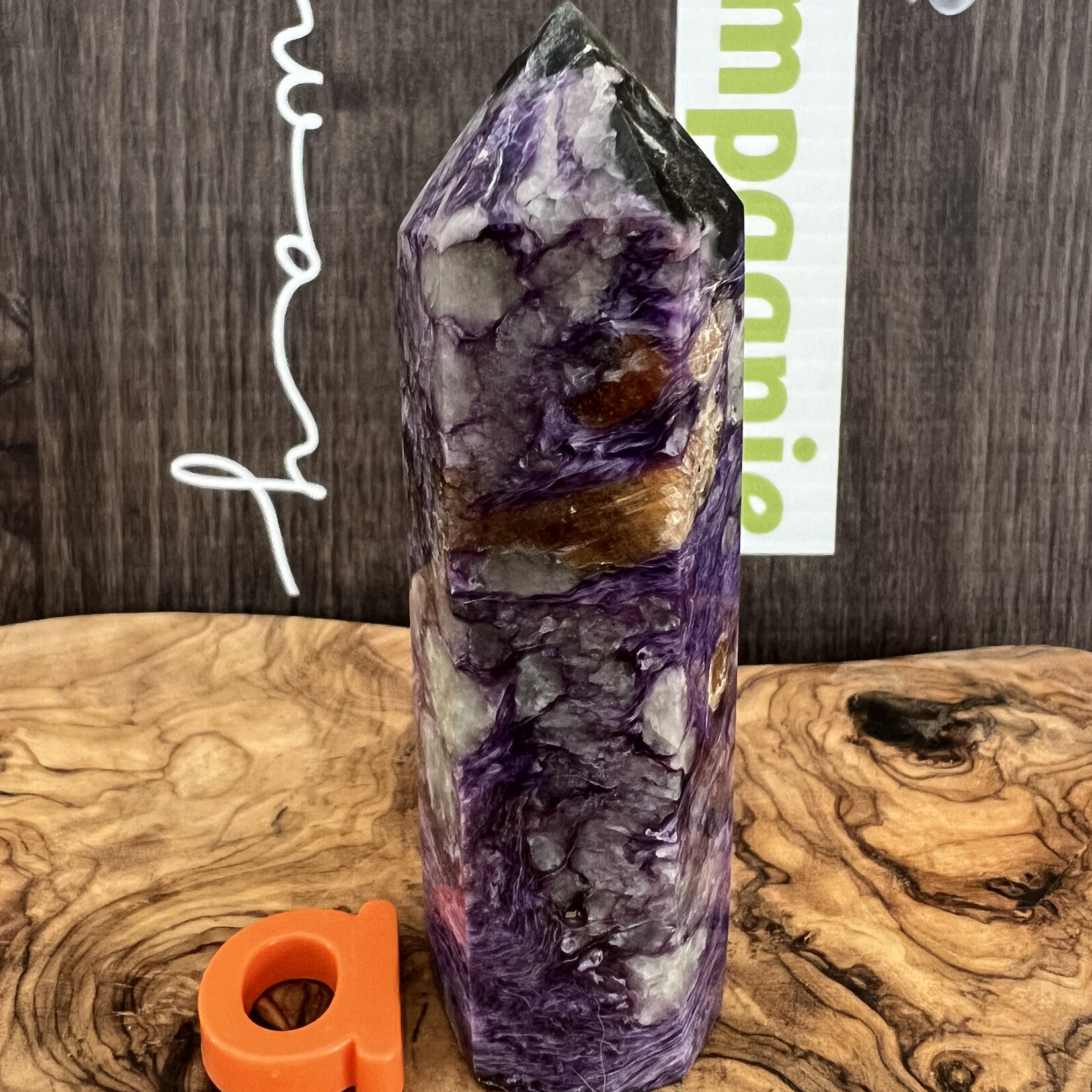 charoite tower purple mineral, stone from Russia, it soothes and chases away anxieties that are sources of daily stress