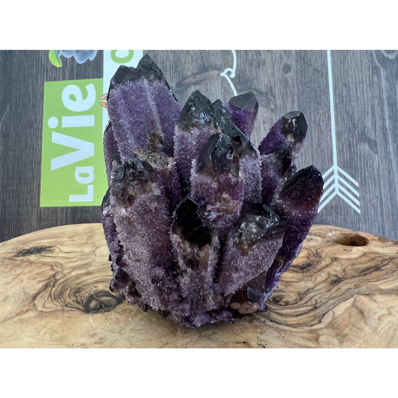 purple phantom quartz cluster, purple quartz, works to cleanse our auric field and environment of negative energies