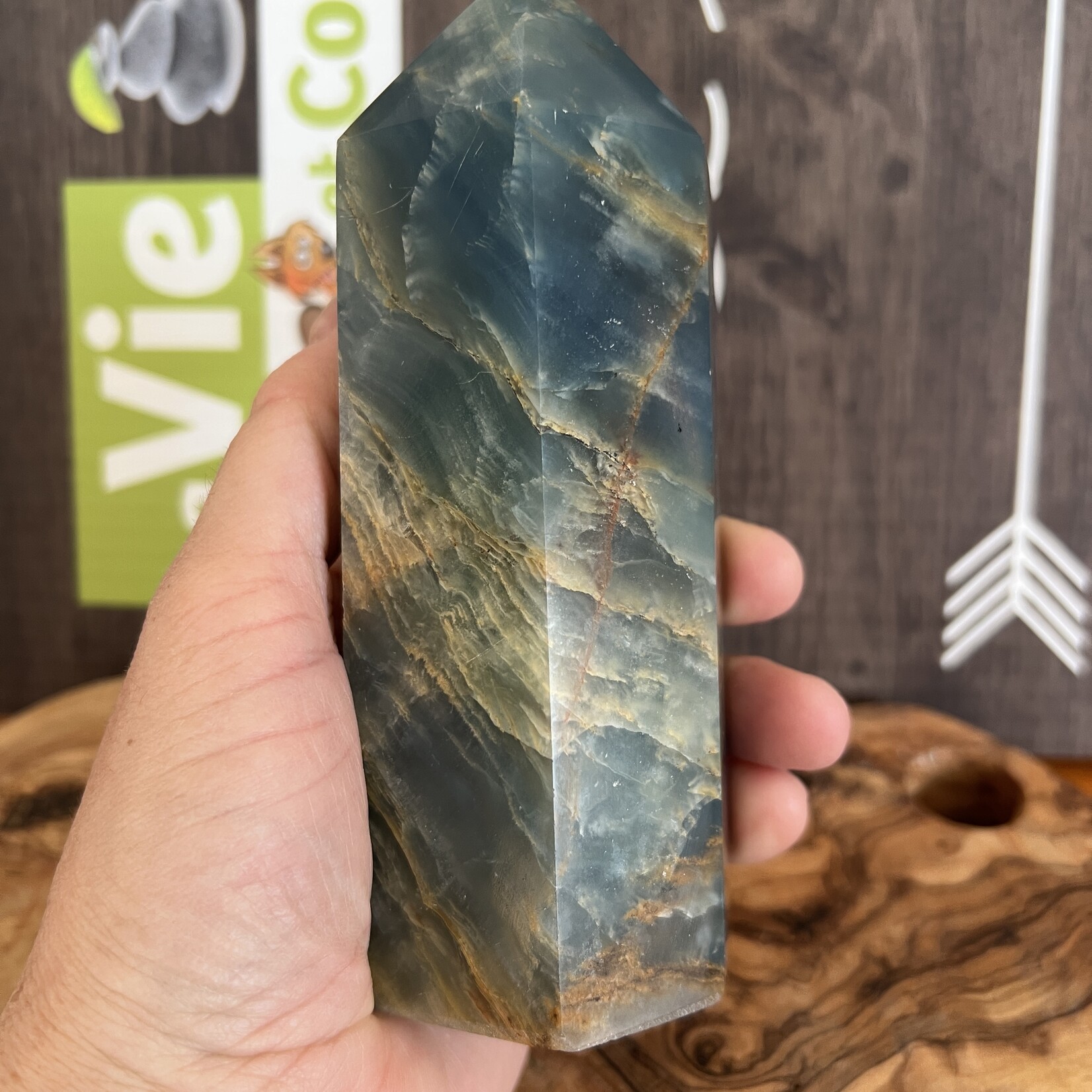 large blue onyx tower, blue onyx polished, known to gain stamina, strength of character and determination