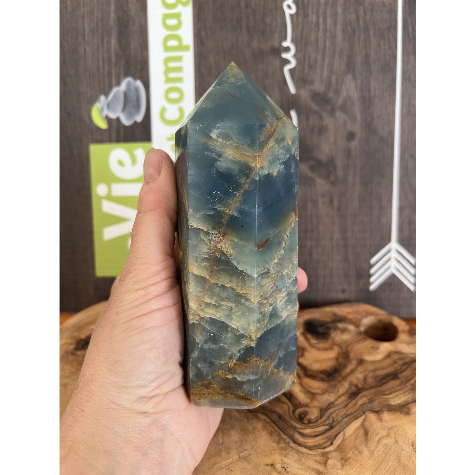 large blue onyx tower, blue onyx polished, known to gain stamina, strength of character and determination