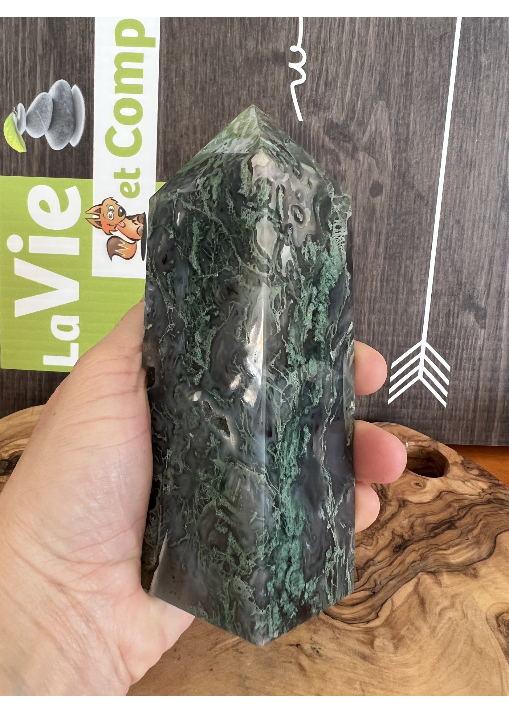 large magnificent moss agate tower, awakens sensitivity and joy, attracts balance peace and quiet