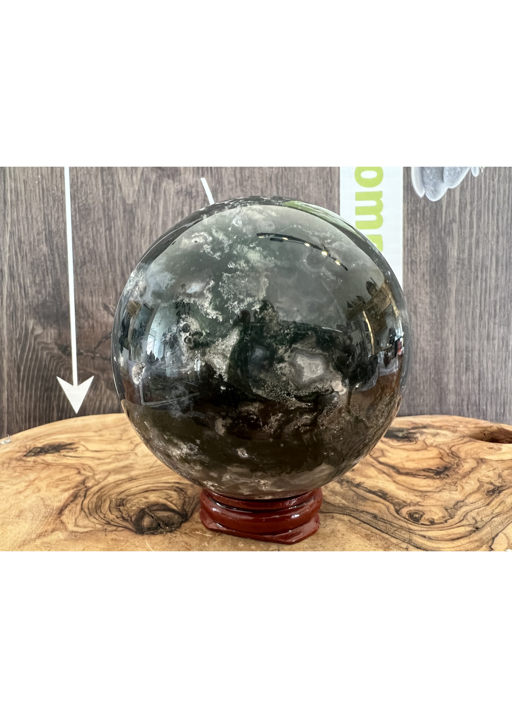 large magnificent moss agate sphere, awakens sensitivity and joy, attracts balance peace and quiet
