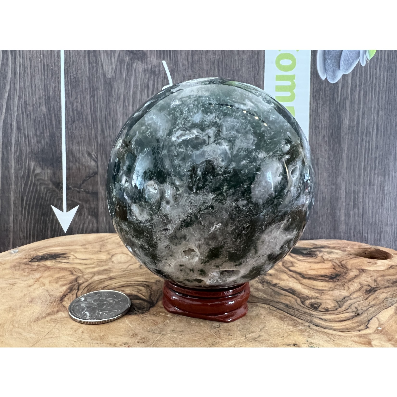 large magnificent moss agate sphere, awakens sensitivity and joy, attracts balance peace and quiet