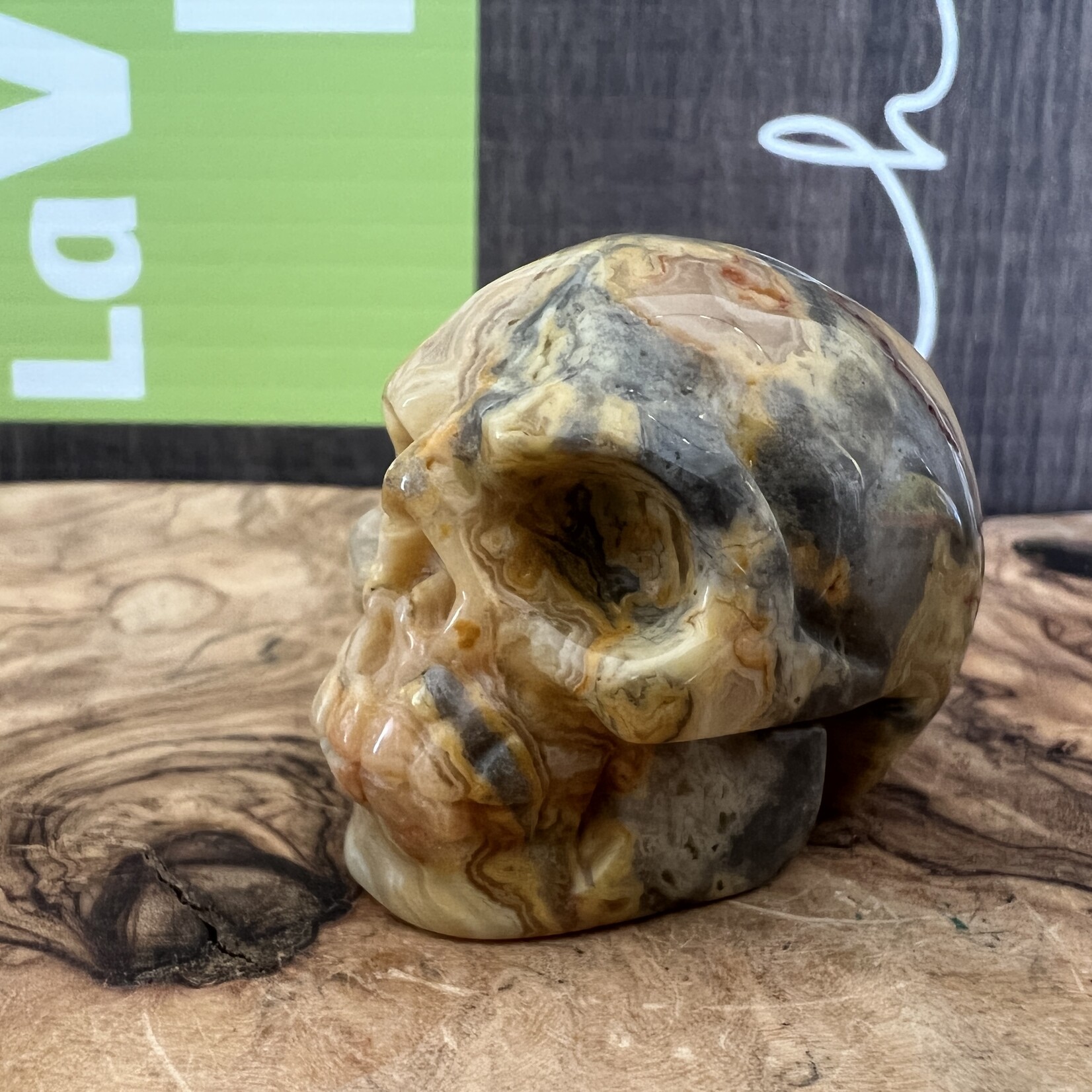 crazy lace agate skull, commonly referred to as the "stone of laughter" or "happy lace"