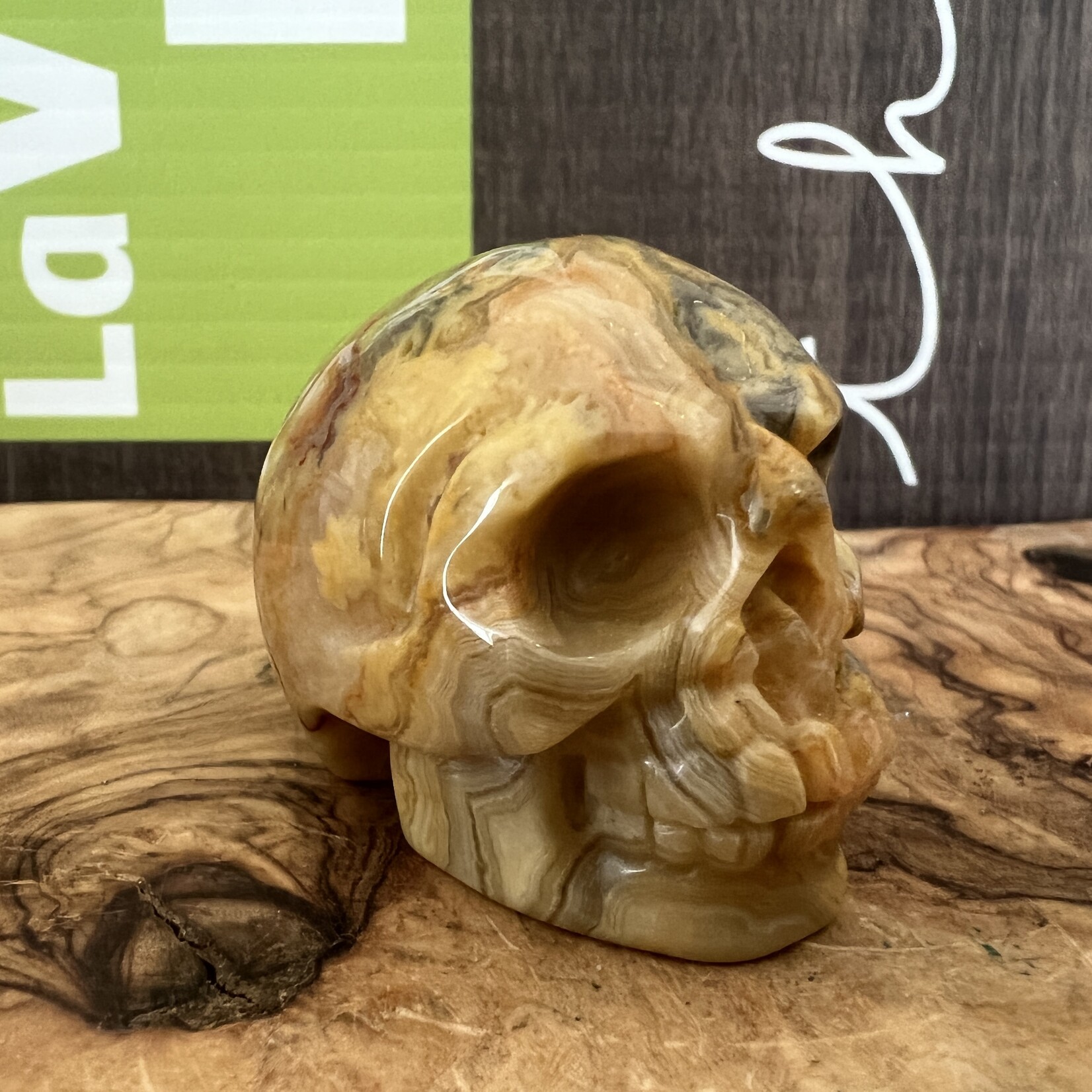 crazy lace agate skull, commonly referred to as the "stone of laughter" or "happy lace"