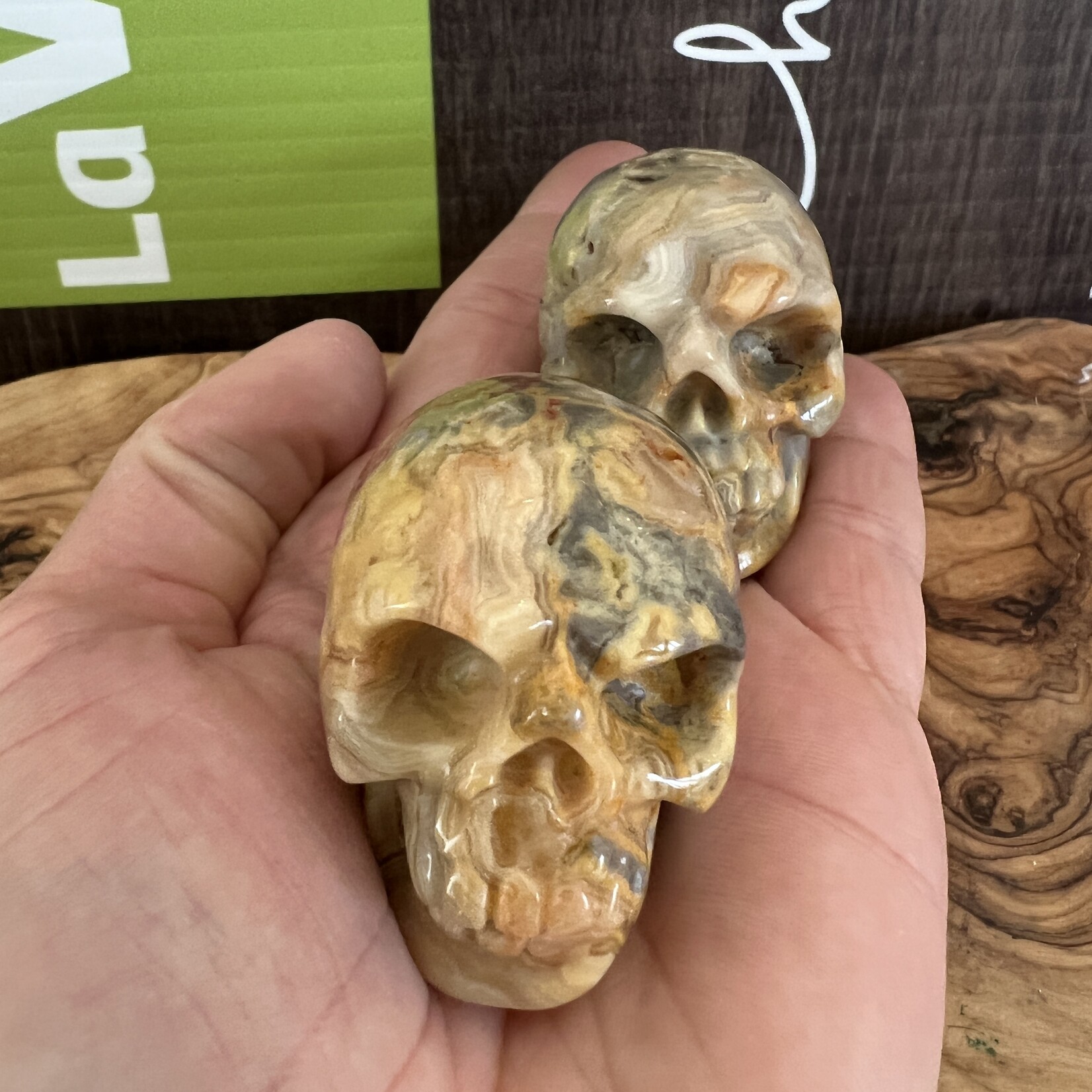 crazy lace agate skull, commonly referred to as the "stone of laughter" or "happy lace"
