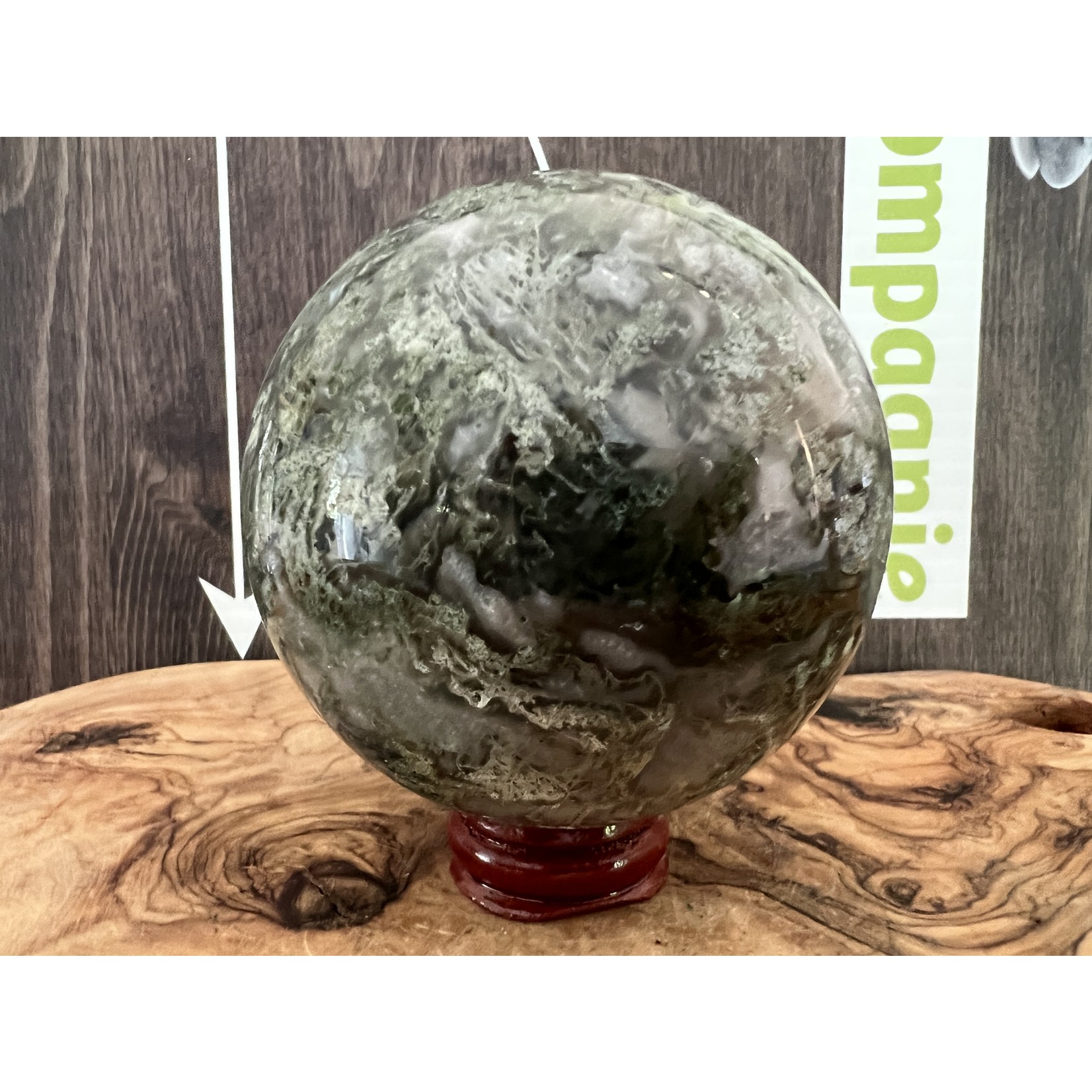 magnificent moss agate sphere extra large,  facilitates the development of romantic and sexual life