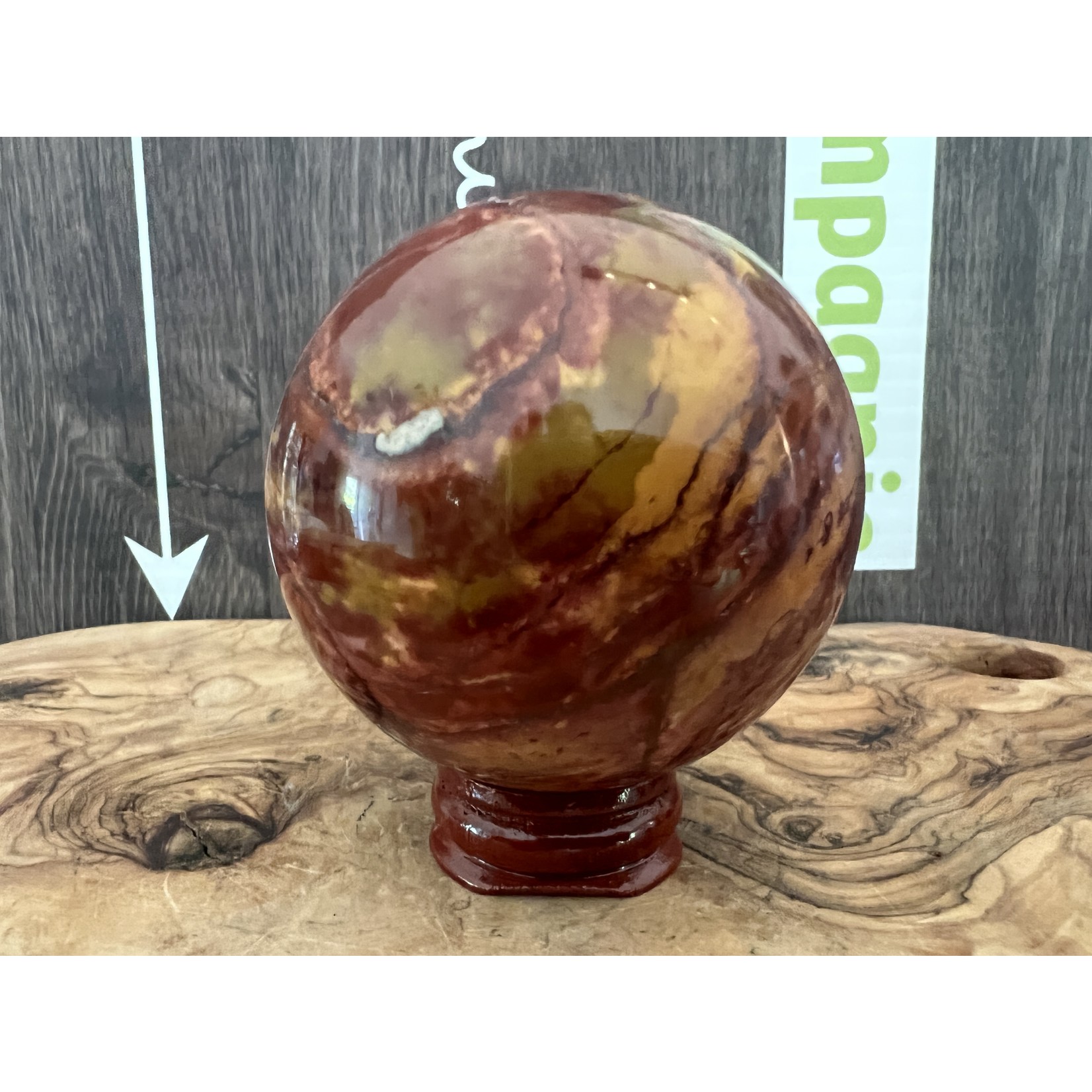 deep red sphere mokaite medium, mochaite jasper crystal ball, has a positive impact on the digestive system, kidneys and liver