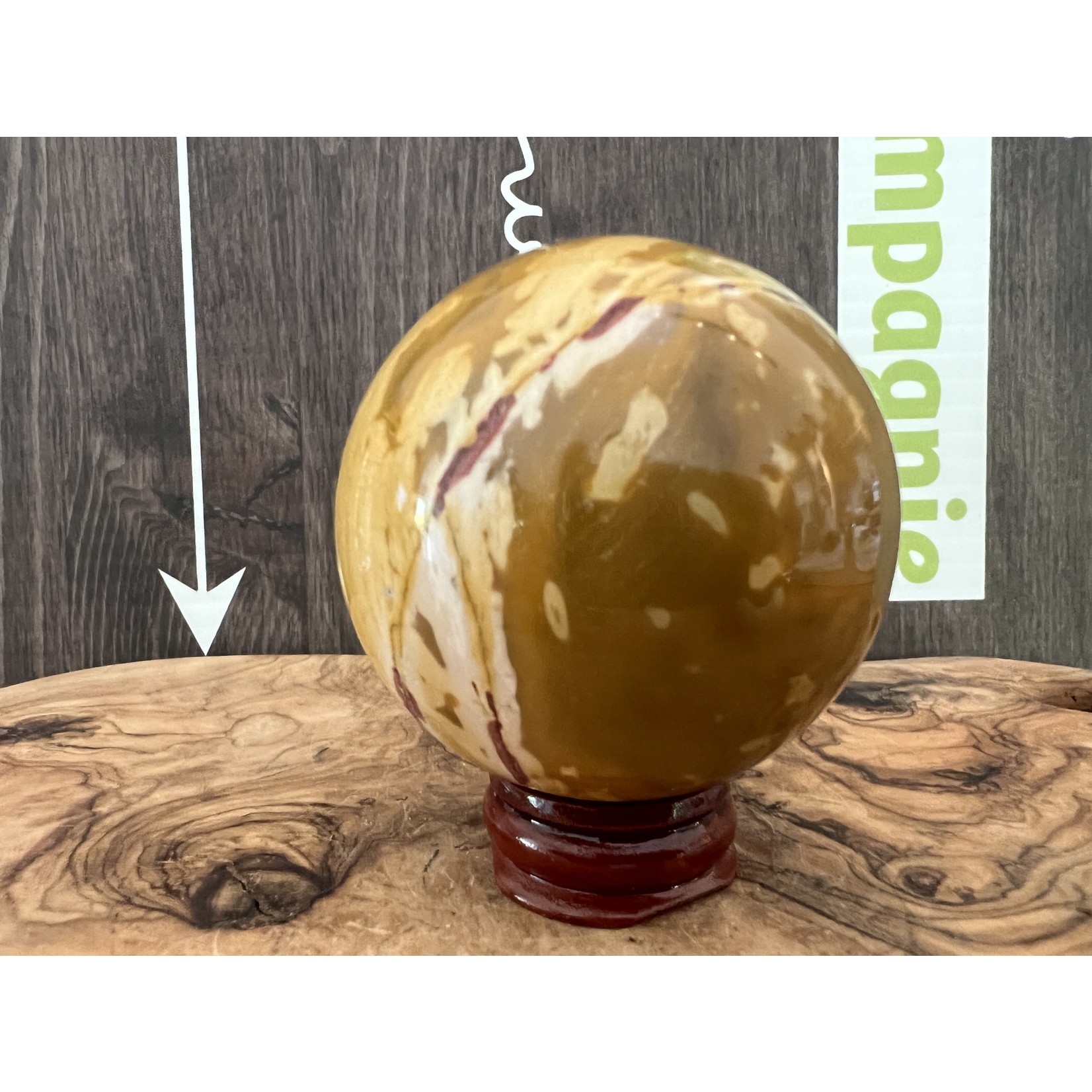 deep yellow sphere mookaite medium, mookaite jasper crystal ball, has a positive impact on the digestive system, kidneys and liver