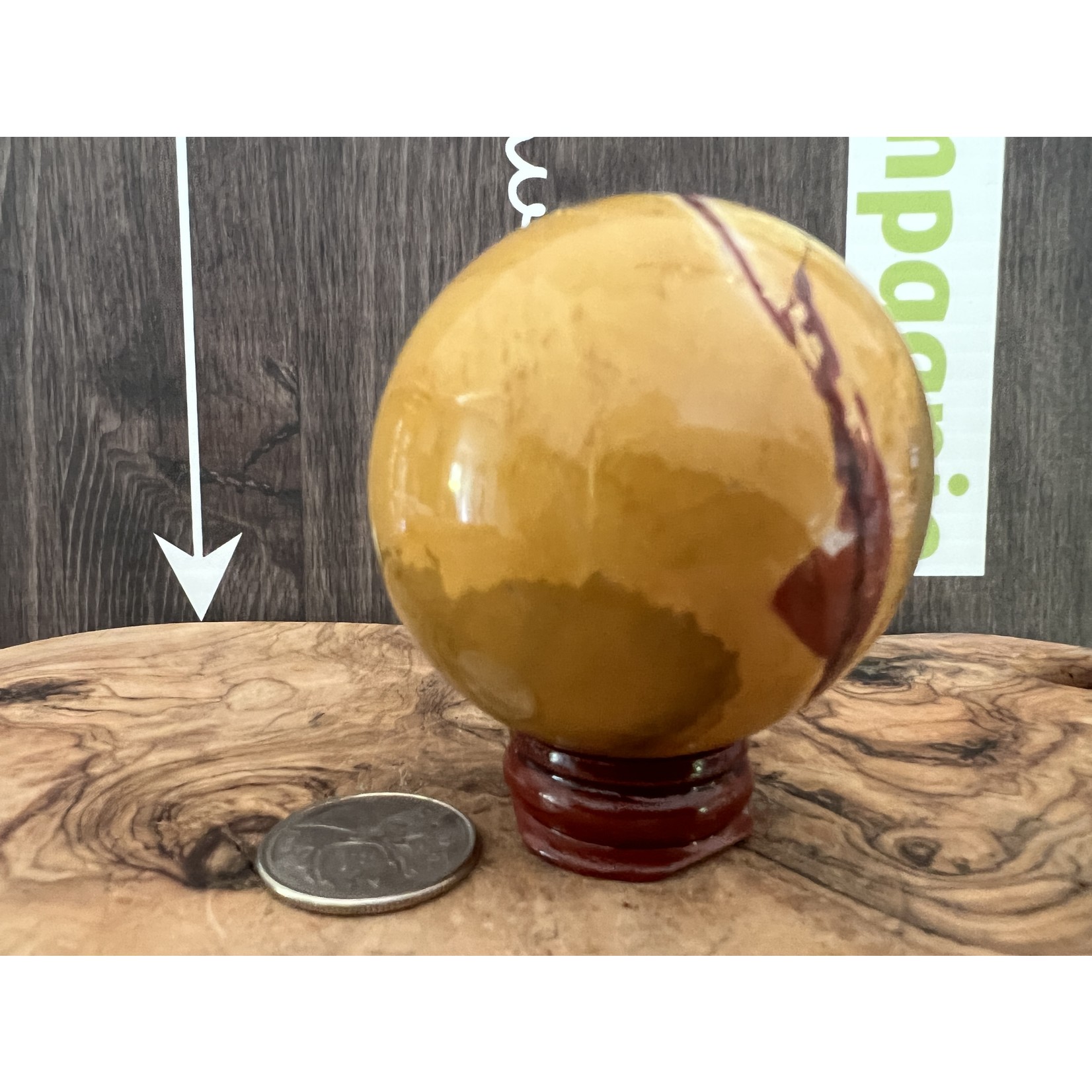 deep yellow sphere mookaite medium, mookaite jasper crystal ball, has a positive impact on the digestive system, kidneys and liver