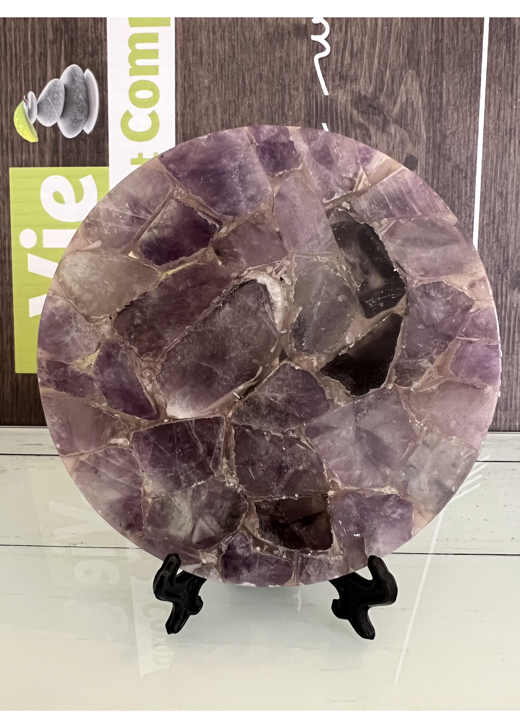 rare natural amethyst plate, crystal plate with dark inserts, amethyst, mineral under glass, Reiki healing decoration
