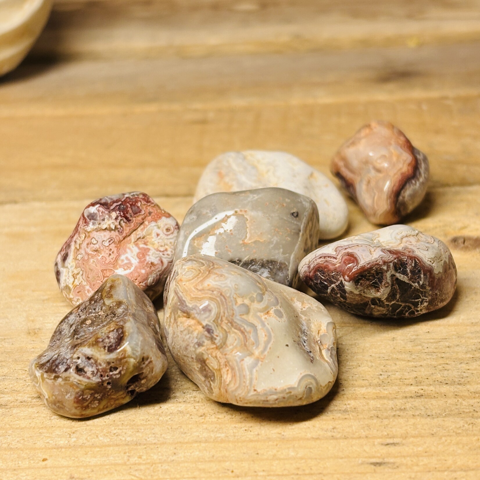 Assortment of tumbled stones: Jasper, Quartz, Amethyst, Pyrite, Lava Stone, Rubellite, Agate, Yellow Jasper, Pink Aventurine