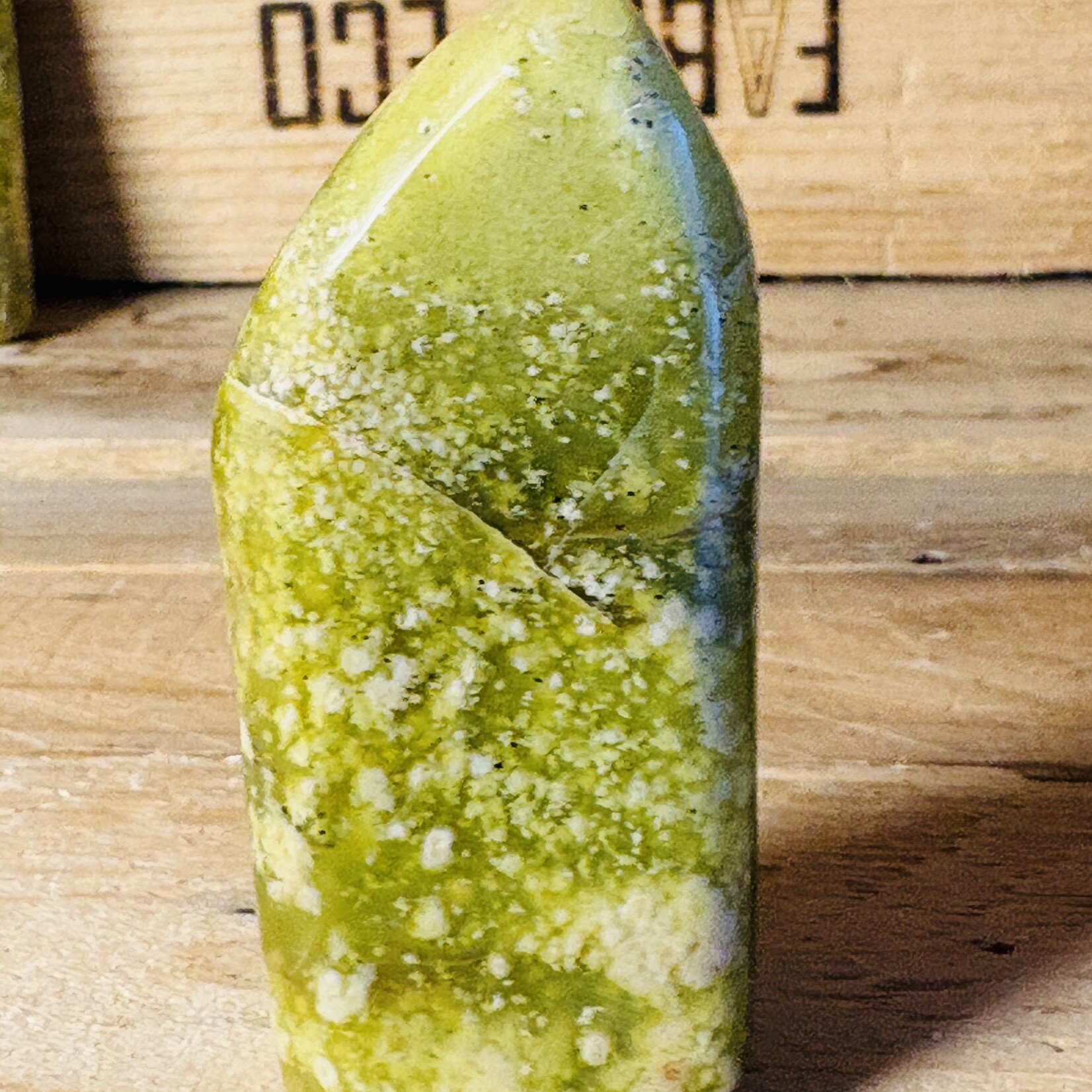 green serpentine stone  free form, natural brazilian serpentine with pyrite, crystal point, stone against migraine