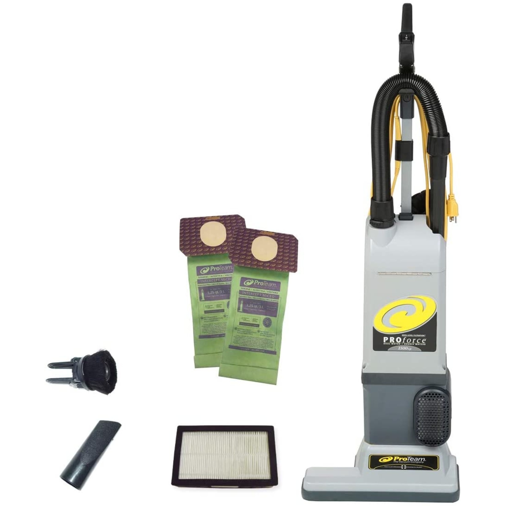 ProTeam Commercial Vacuums ProTeam ProForce 1500XP Bagged Upright Vacuum Cleaner with HEPA Media Filtration, Commercial Upright Vacuum with On-Board Tools