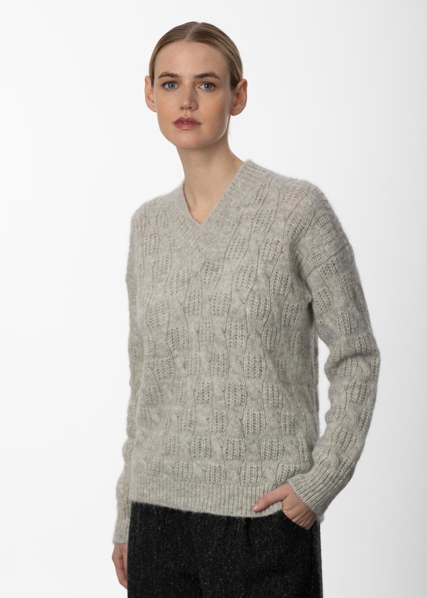 Fisherman V-Neck Cable Knit Wool Sweater