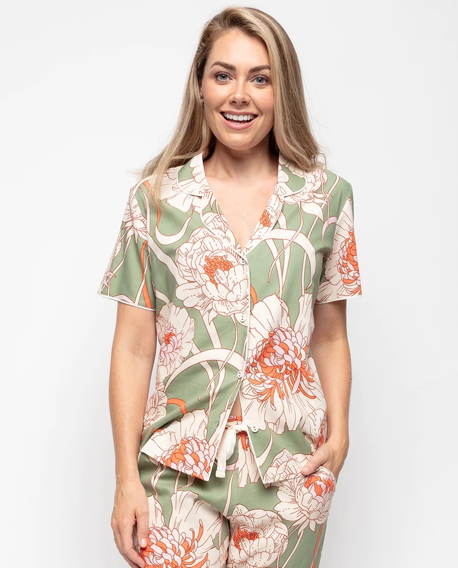 Sage Floral Pyjama Top Short Sleeve-1
