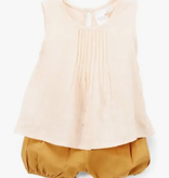 pink tuck top & caramel shorts