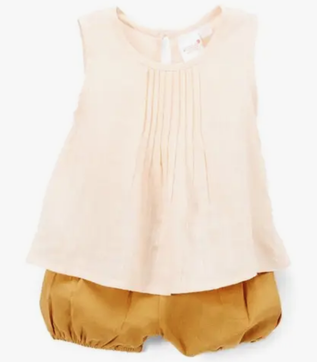 pink tuck top & caramel shorts