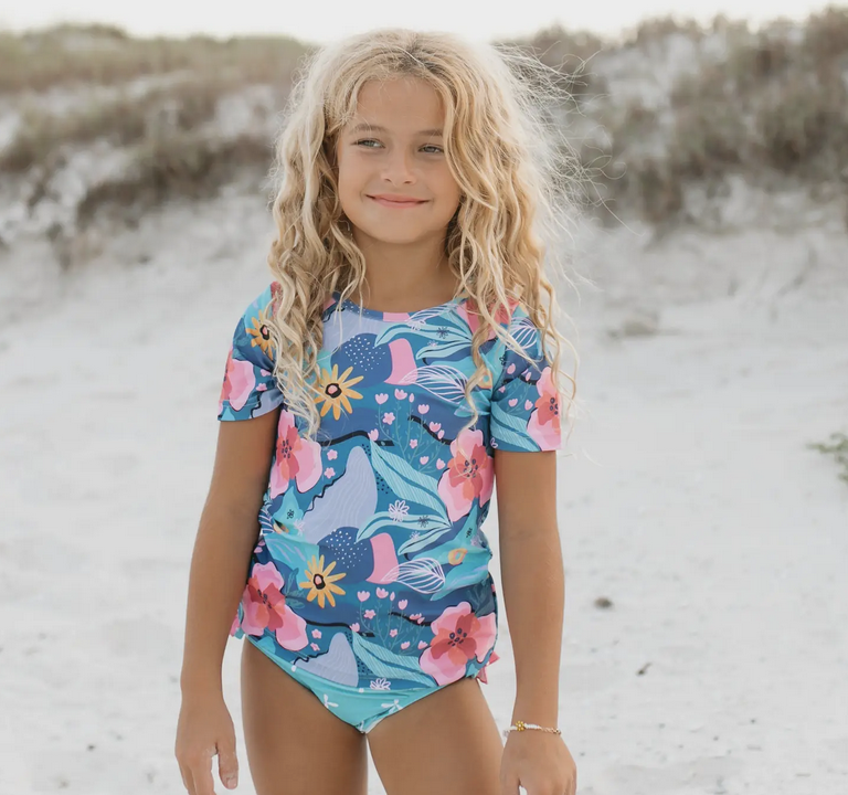 oopsie daisy blue coral rashguard ruffle swim set