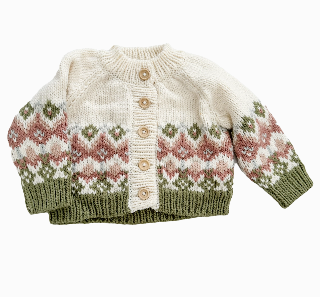 the blueberry hill fair isle rose/moss cardigan