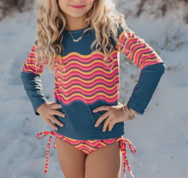 oopsie daisy navy/coral wave rashguard swim set