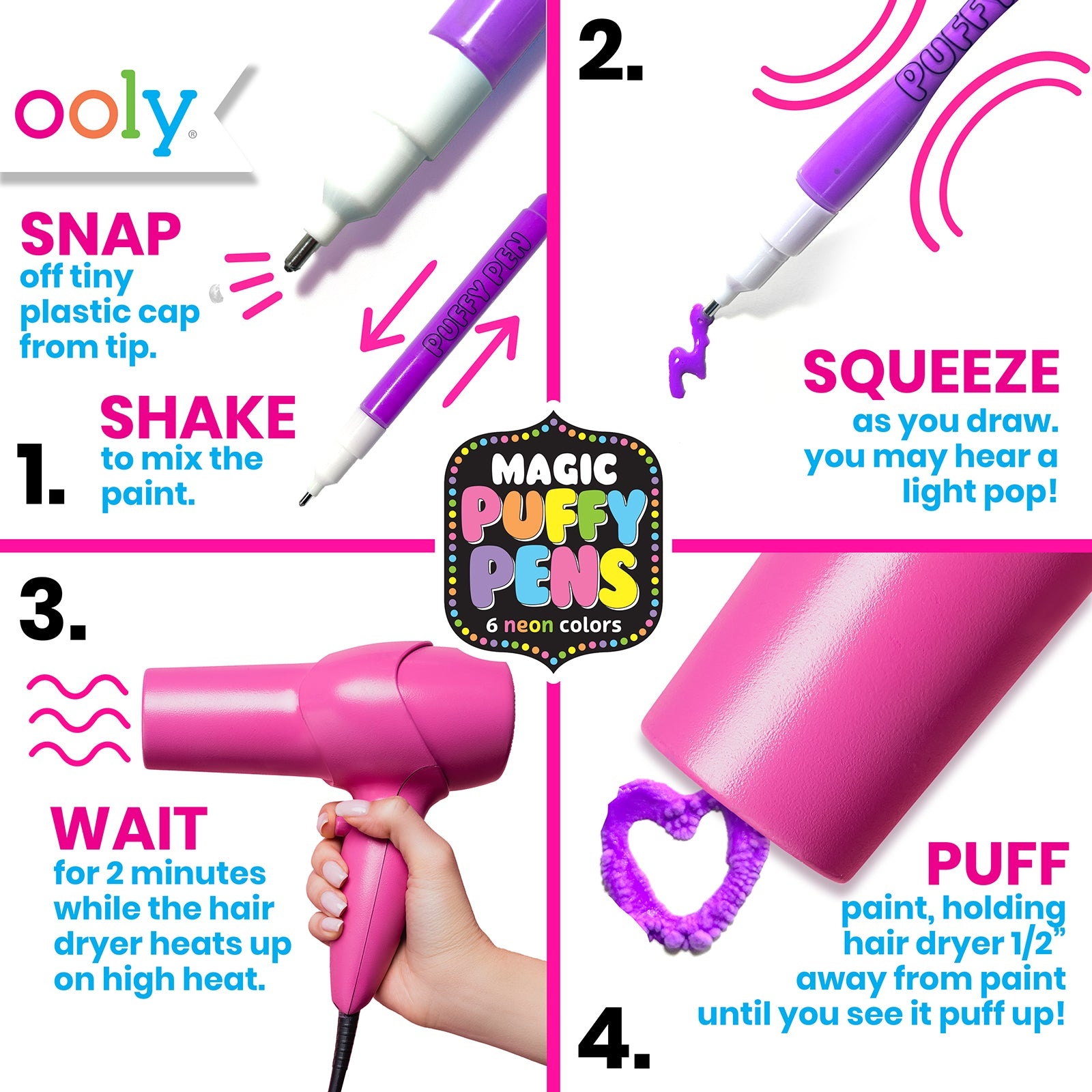 ooly ooly magic neon puffy pens, set of 6