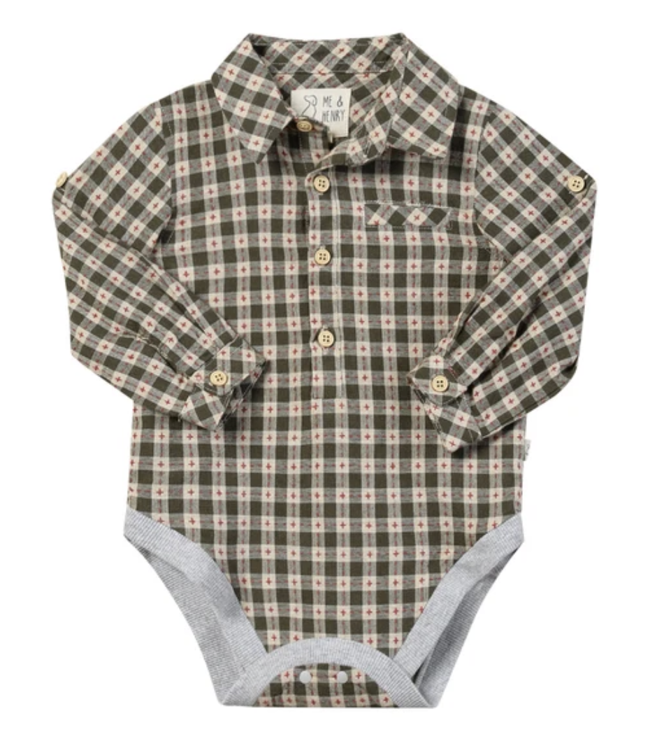 me & henry me & henry sage/rust collared  onesie