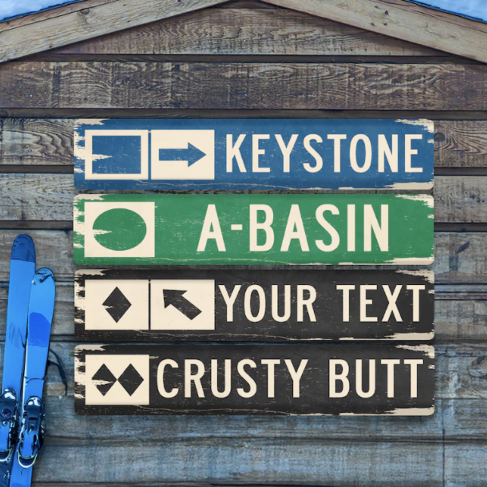 Indigo Fair Distressed Metal Ski Sign Superstition 6 x 24