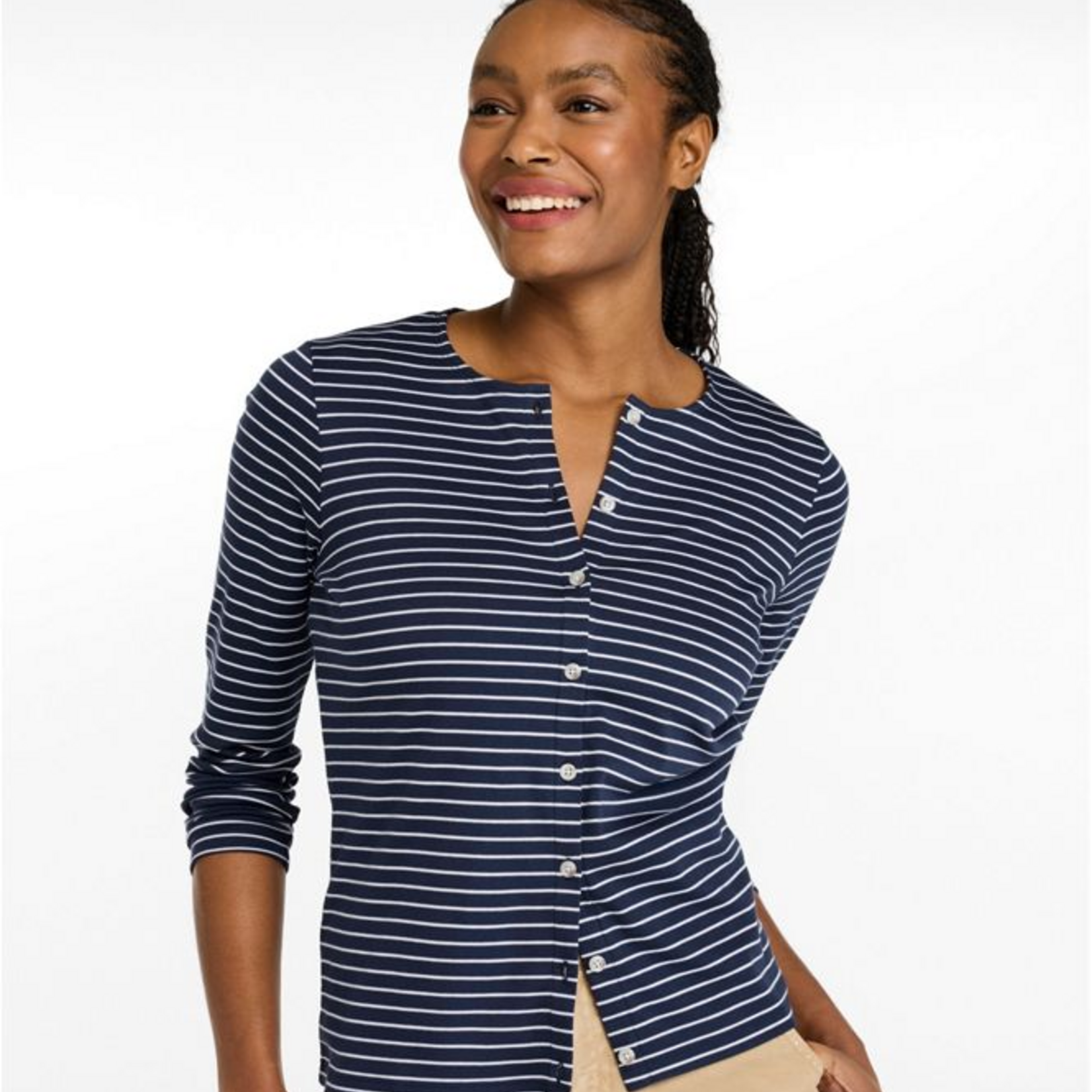 L.L Bean L.L.Bean Pima Button Front Crewneck Cardigan Stripe (W)