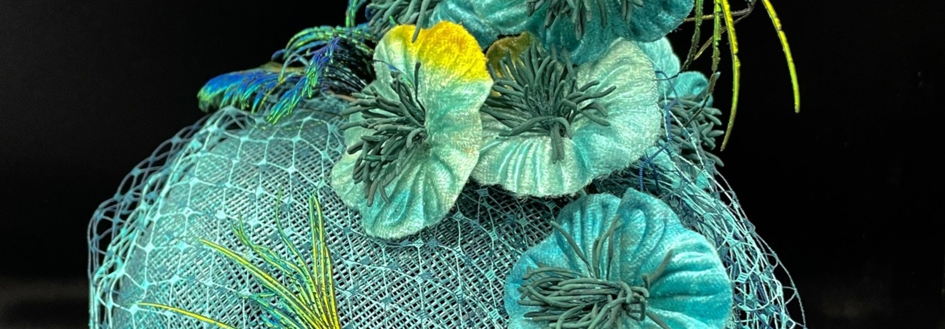 Kalico Delafay Turquoise Teardrop with Peacock feathers, veiling, and vintage flowers