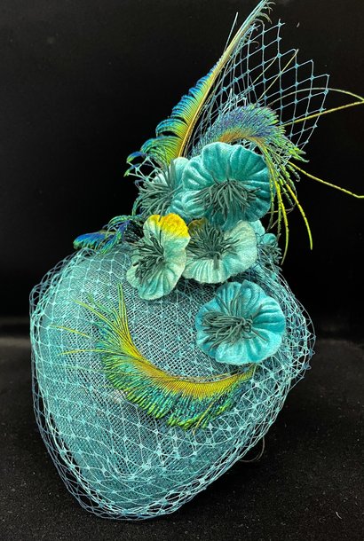 Kalico Delafay Turquoise Teardrop with Peacock feathers, veiling, and vintage flowers
