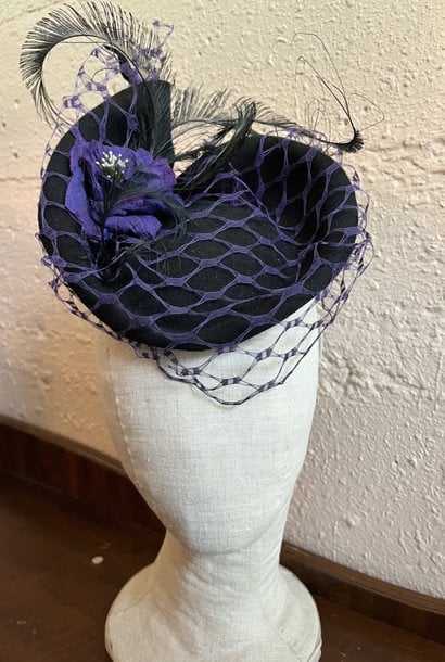 Kalico Delafay Black Sculpted Felt Hat with Purple silk flower, Purple Veil, and Peacock Swords