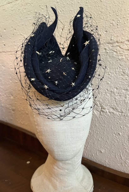 Kalico Delafay Navy Blue Felt Twisted Horn Hat with Silver Stars