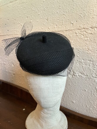 Kalico Delafay Black Felted Button Beret with Fishnet Veil Kalico Delafay Black Felted Button Beret with Fishnet Veil