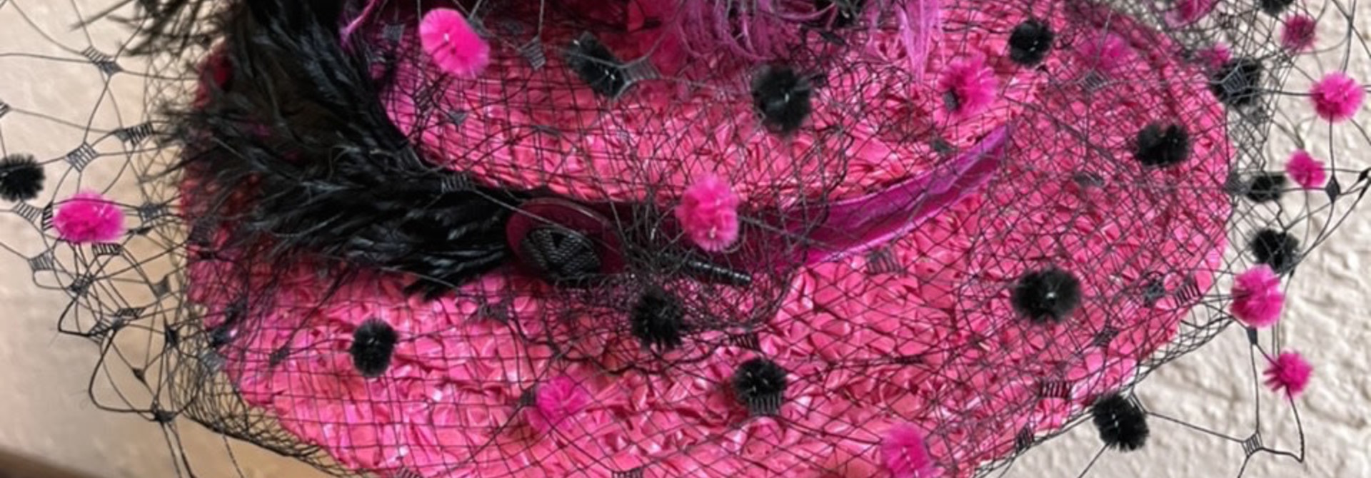 Kalico Delafay Hot Pink Straw Braid Boater with Pink & Black Ostrich feathers and Dot Veil