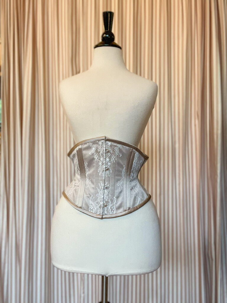 Dark Garden Waspie in Mink Satin with White Lace Overlay 24 (Limited Edition)