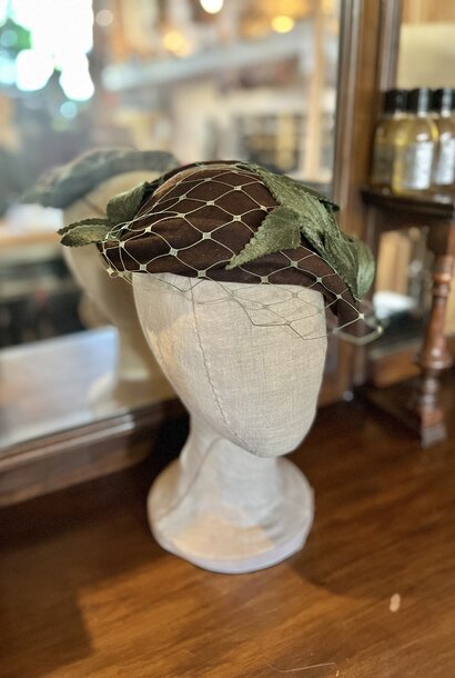 Kalico Delafay Brown Felt hat with hand-dyed veil & molded felt leaves