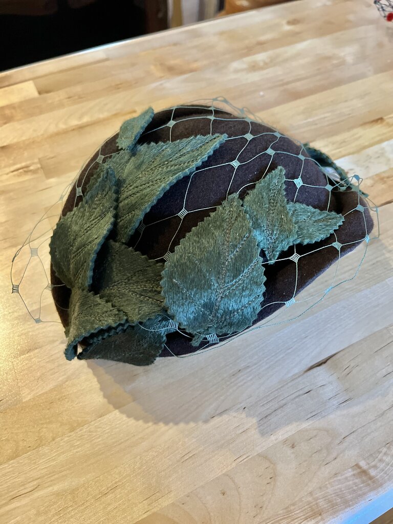 Kalico Delafay Kalico Delafay Brown Felt hat with hand-dyed veil & molded felt leaves