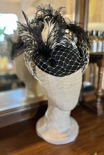 Kalico Delafay Black Felt Tilt Hat with Black & White Ostrich Feather Explosion