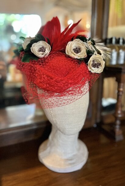 Kalico Delafay Sculpted Red Felt Hat with ivory silk flowers, vintage bird, and veil