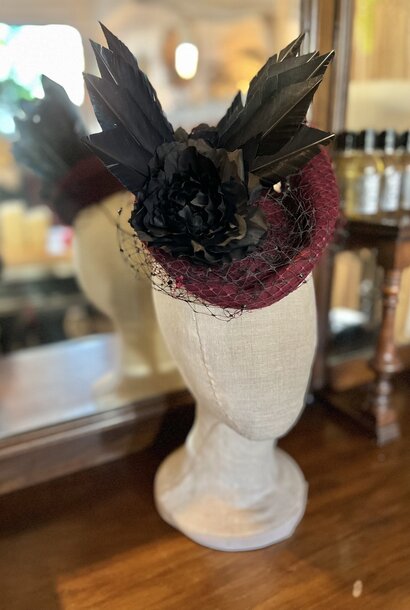 Kalico Delafay Wine Sculpted Felt Hat with Black Composite Wings, Vintage Veiling, Crystals, & Vintage Flower