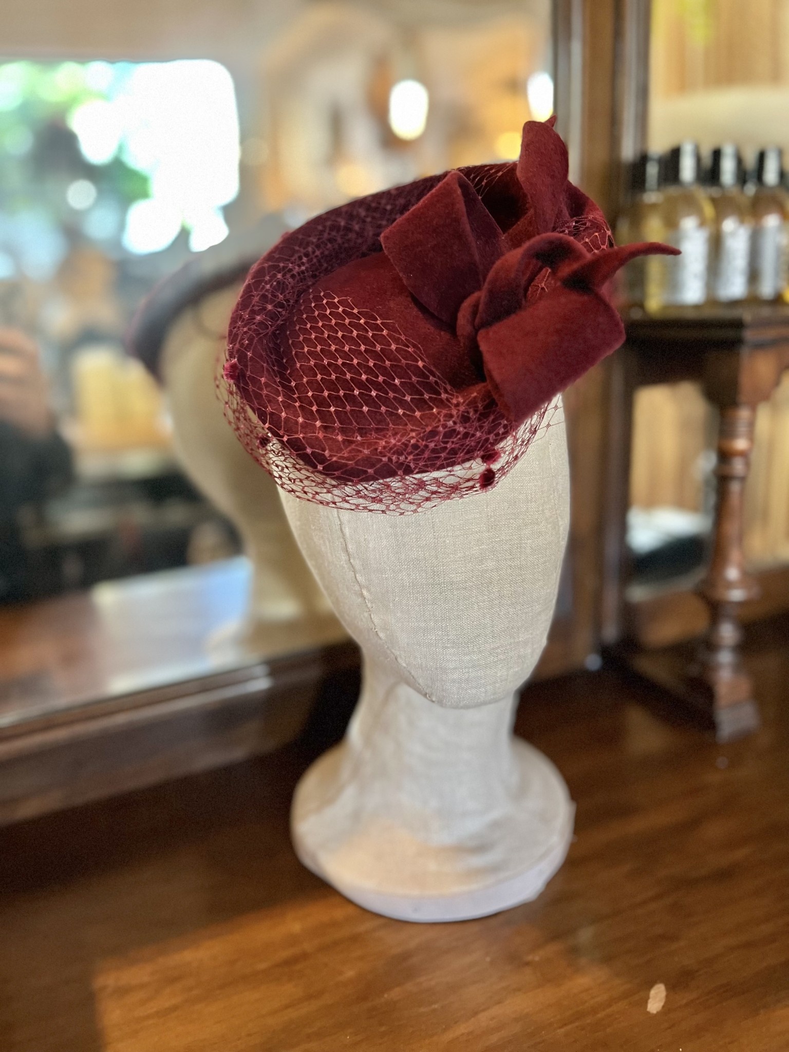 Kalico Delafay Burgundy Sculpted Felt Hat with Vintage Veiling & Sculpted Bow-1