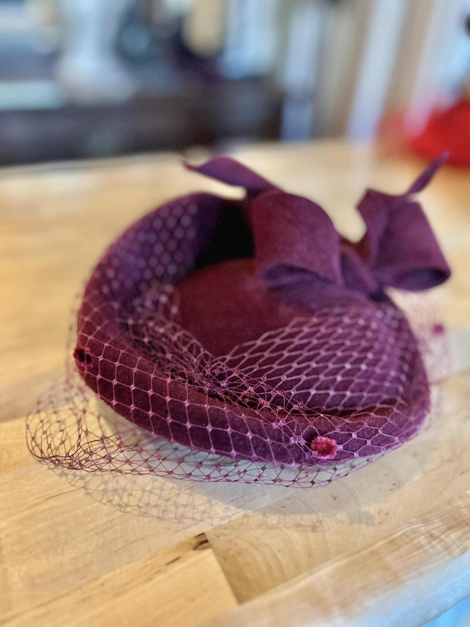 Kalico Delafay Burgundy Sculpted Felt Hat with Vintage Veiling & Sculpted Bow-2