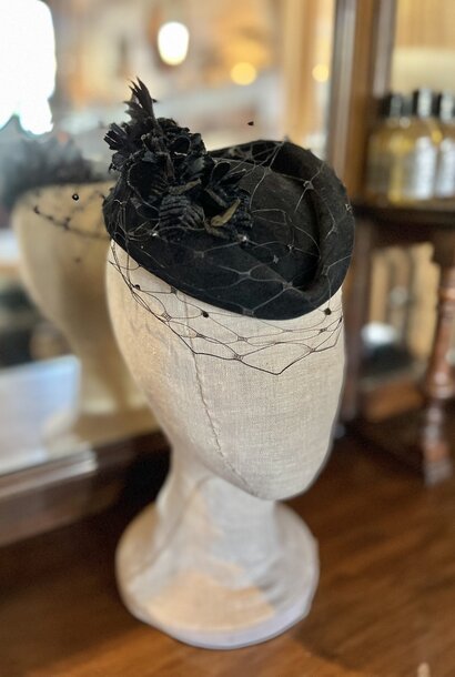 Kalico Delafay Black Felt Envelope Hat with Vintage Velvet Flowers, Biot Feather Bird, & Crystals