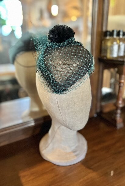 Kalico Delafay Black Sinamay Teardrop Fascinator with Teal Veil & Feather and Rafia Pom Pom