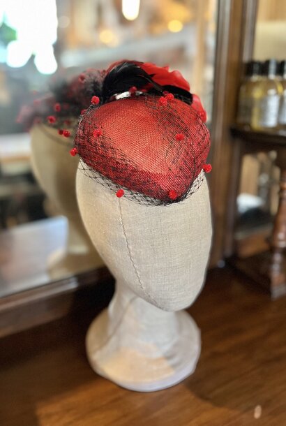 Kalico Delafay Red Sinamay Teardrop Fascinator with Black Veil, Chenille Dots, & Black and Red Feathers