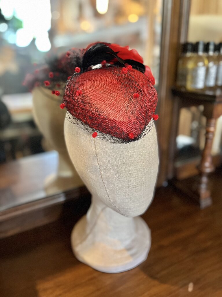 Kalico Delafay Kalico Delafay Red Sinamay Teardrop Fascinator with Black Veil, Chenille Dots, & Black and Red Feathers