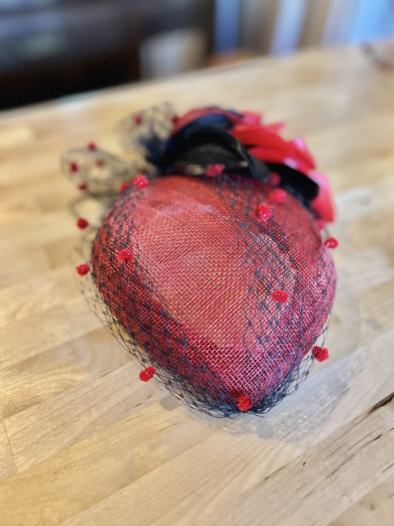 Kalico Delafay Kalico Delafay Red Sinamay Teardrop Fascinator with Black Veil, Chenille Dots, & Black and Red Feathers