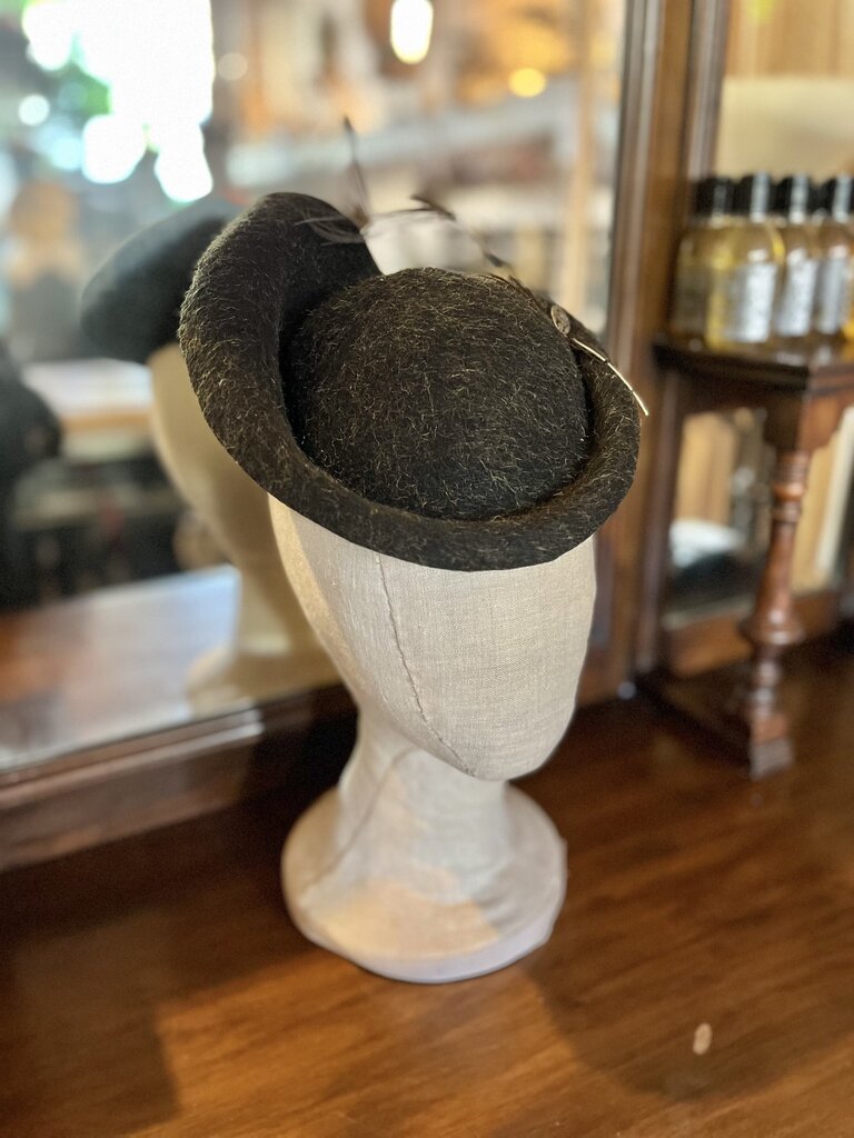 Kalico Delafay Kalico Delafay Dark Grey Green Tilt Hat with Peacock feathers & Vintage Buttons