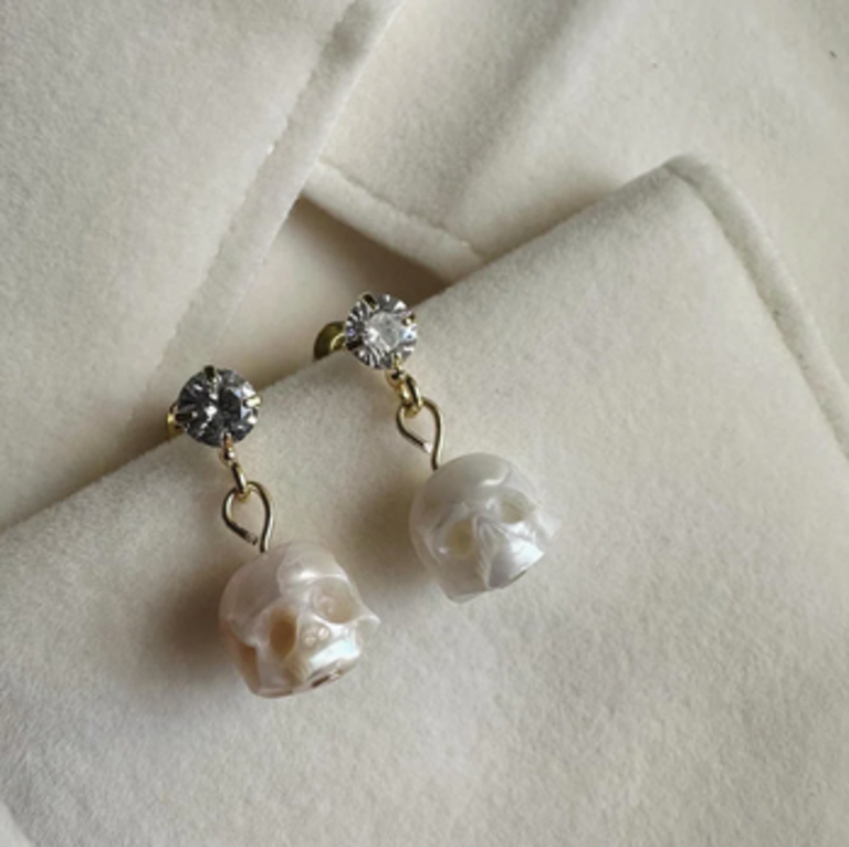 JANVS Studio JANVS Studio "Fae" Pearl Skull Drop Stud Earrings